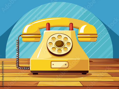 vector of Yellow landline phone on wooden table...white and yellow background.