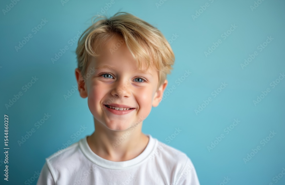 Portrait of cute blond boy smiling. Happy child with blue eyes on blue backdrop. Positive emotions, joy. Studio shot, kids fashion, childhood, family concept. Portrait of cute blond boy smiling. Happy child with blue eyes on blue backdrop. Positive emotions, joy. Studio shot, kids fashion, childhood, family concept.