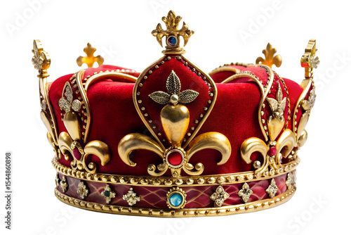 Luxurious red velvet crown with golden details adorned with precious gemstones on white background, crown, gold, velvet, red, royal, jewel, jewelry, gemstone, precious, luxury, rich, ornate, heritage,
