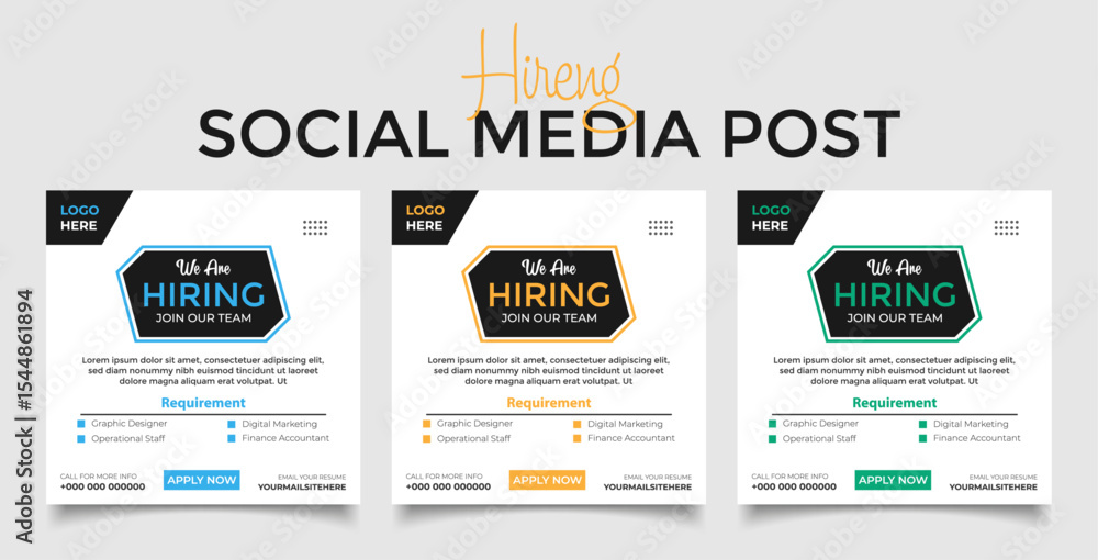 Obraz premium We Are Hiring Social Media Post Template Collection, Job Vacancy Square Web Banner Set for Recruitment, Modern Corporate Business Hiring Flyer Design with Creative Geometric Shapes
