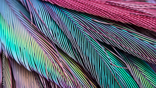 Feather texture in iridescent peacock hues with delicate barbs, bohemian background for jewelry photography or festival wear ads