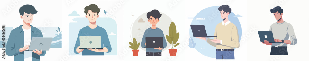 young man character vector holding laptop young man character vector holding laptop