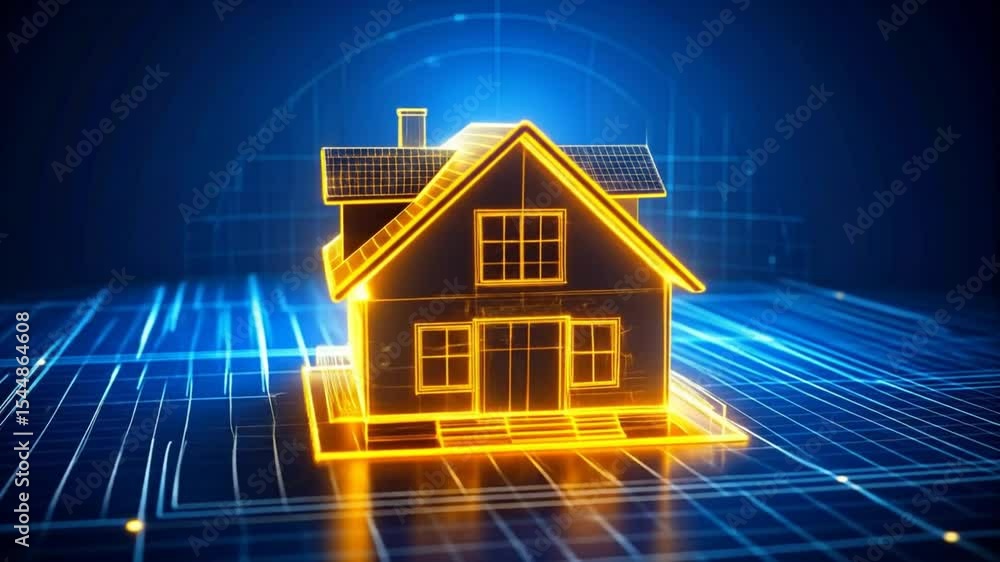 A glowing, golden-yellow house model, digitally rendered on a dark blue background with intricate, glowing lines and grid patterns A glowing, golden-yellow house model, digitally rendered on a dark blue background with intricate, glowing lines and grid patterns