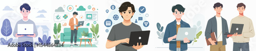 young man character vector holding laptop