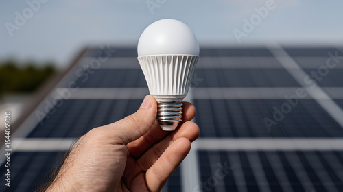 Close-Up of Hand Holding LED Bulb with Solar Background