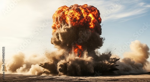 Shockwave and smoke from explosion in barren terrain