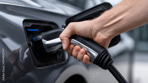 Hand Connecting Charging Cable to Electric Vehicle