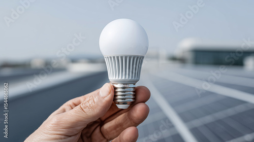 Person Holding LED Lightbulb in Front of Solar Panels