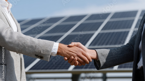Business Handshake in Front of Solar Panels