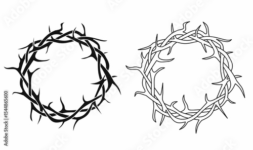 Crown of thorns vector set in silhouette and outline style, religious Christian icon, Easter, passion of Christ, symbolic art,frame, editable clipart for print and design use.