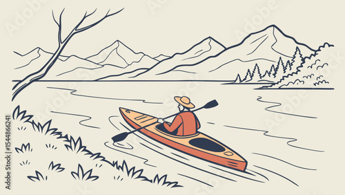 Whimsical cartoon illustration of a boy snowboarding through a fun winter mountain landscape