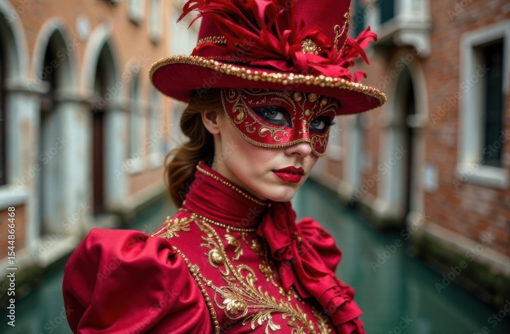 Elegant woman in red carnival costume and ornate mask during Venice Carnival, standing near canal. Traditional Venetian masquerade fashion Elegant woman in red carnival costume and ornate mask during Venice Carnival, standing near canal. Traditional Venetian masquerade fashion