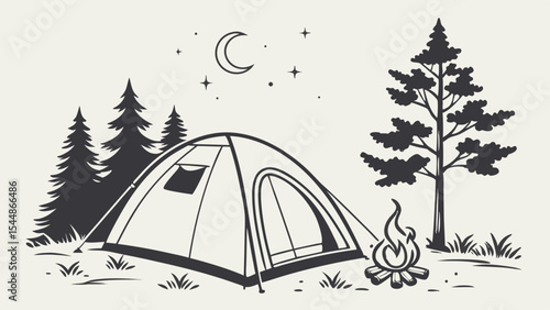Winter camping in a snowy mountain forest with a tent under a starry night sky
