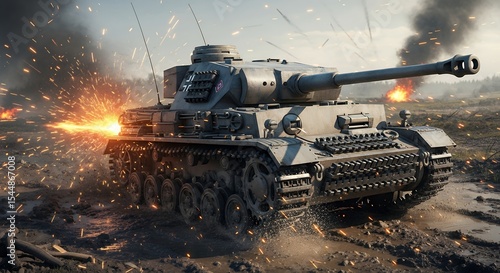 Military tank firing on battlefield with sparks and smoke