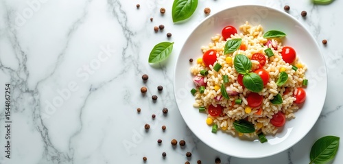 Colorful Insalata di Riso rice salad with vegetables on white plate on marble surface. Italian cuisine dish with tomatoes herbs. Culinary art recipe food photo.