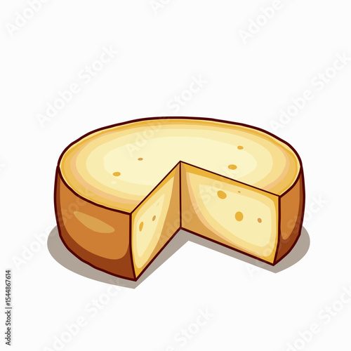 Cartoon Illustration of a Wheel of Cheese with a Slice Cut Out, Showing Holes and Texture