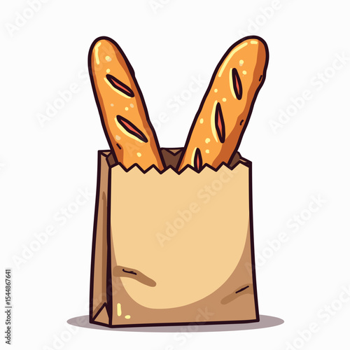 Two Fresh Baguettes in a Paper Bag Illustration, Delicious French Bread Loaves