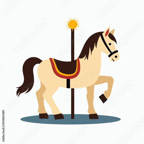 Cartoon Carousel Horse with Yellow Sun Topper on a Blue Base Illustration, Fun Fairground Ride