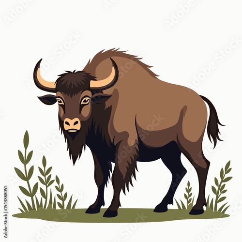 Illustration of a Majestic Bison Standing in a Field of Green Grass with a White Background