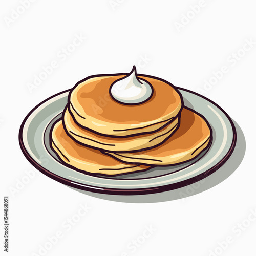 Stack of Delicious Pancakes with Whipped Cream Topping on a Plate Illustration