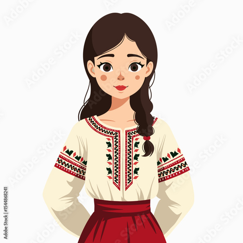 Illustration of a Young Woman in Traditional Ukrainian Embroidered Shirt and Red Skirt, Celebrating Ukrainian Culture
