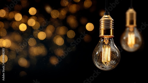Close Up Edison Bulbs with Glowing Filaments on Dark Background with Golden Bokeh Lights