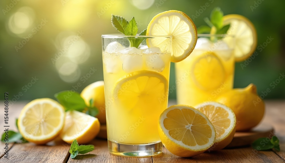 Refreshing lemonade served in clear glasses with ice cubes lemon slices. Composition placed on wooden table. Concept of natural drink hydration, summer picnic. Healthy fruit drink. Refreshing lemonade served in clear glasses with ice cubes lemon slices. Composition placed on wooden table. Concept of natural drink hydration, summer picnic. Healthy fruit drink.