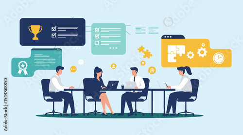 Productive Business Team Collaborating on Project Planning, Achieving Goals, and Optimizing Workflow with Digital Tools for Efficiency and Success flat vector illustration