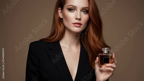Elegant woman displaying perfume bottle in stylish studio setting with sophisticated expressions