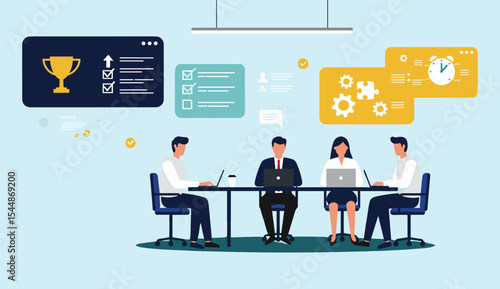 Productive Business Team Collaborating on Project Management, Achieving Goals, and Optimizing Workflow with Virtual Tools for Efficiency and Success flat vector illustration