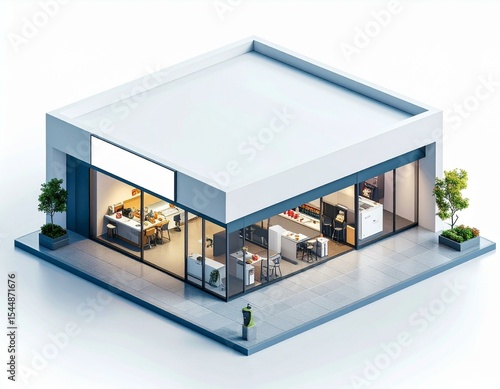 Isometric View of a Modern Retail Store with Blank Signage Interior shows shelving counter and seating