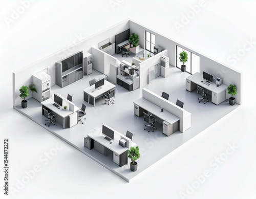Isometric view of a modern office interior design with workstations desks and cubicles