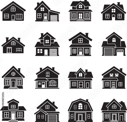 Sixteen Black Silhouettes of Houses Various Styles and Sizes Home Icons Real Estate Symbols Residential Buildings Collection Simple House Designs