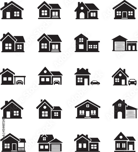Sixteen Black Silhouettes of Houses Various Styles and Sizes Including Garages and Carports on White Background Simple Home Icons Set Real Estate