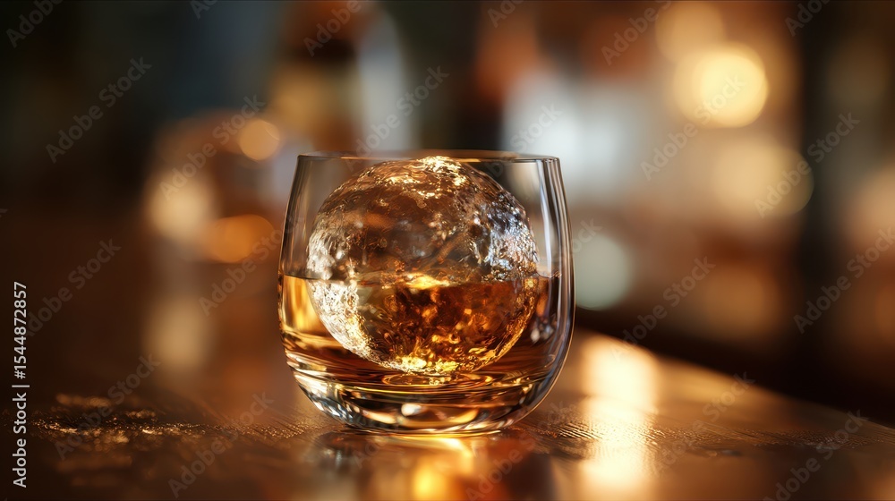 Close-up of a glass of whiskey with a large ice sphere on a wooden bar counter at warm ambient lighting Close-up of a glass of whiskey with a large ice sphere on a wooden bar counter at warm ambient lighting