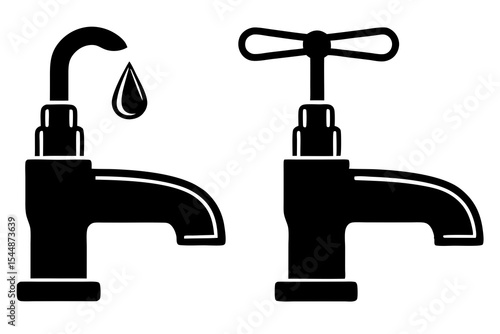 Two Black Silhouette Faucet Icons, Water Taps