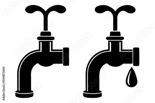 Two Black Silhouette Faucet Icons, One Dripping