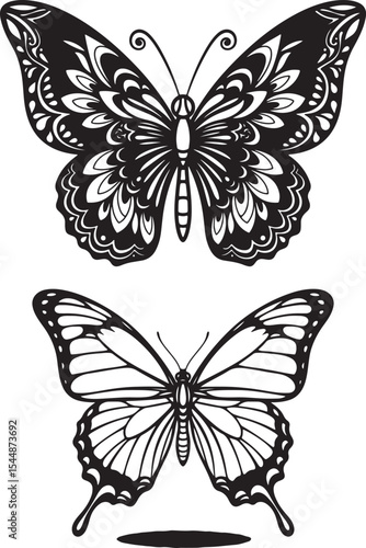 Wallpaper Mural Two Black and White Butterfly Illustrations Ornate Detailed Wings Intricate Patterns Monochrome Design Graphic Art Nature Insects Entomology Torontodigital.ca