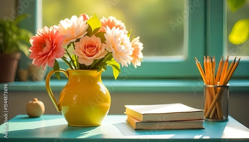  Delicate Flowers in Yellow Vase with Writing Supplies on Teal Table
