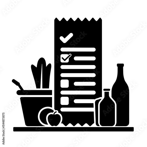 Silhouette of receipt with grocery items, order completion verification, copyspace
