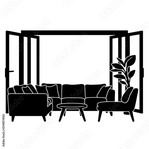 Black and white living room silhouette with open windows, modern simplicity and balance