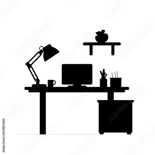 Workspace silhouette with standing desk and shelf, simplicity and organization