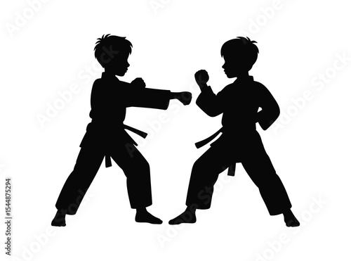 Black Silhouette Illustration of Two Karate Kids Practicing Martial Arts

