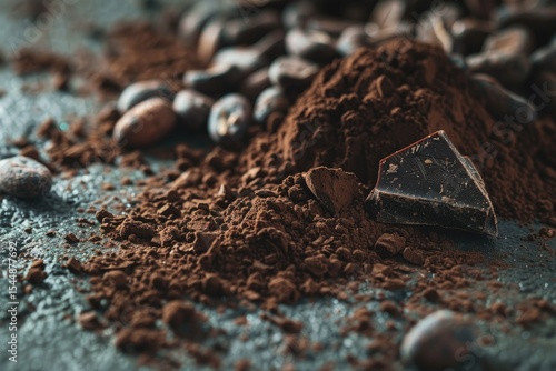 High Resolution Image of Dark Chokolate Cocoa Beans and Powder on Concrete Table