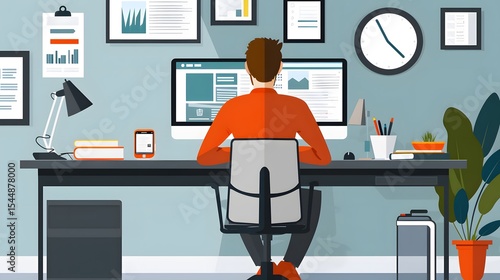 Illustration of Man Working on Desktop Computer in Modern Office Setting