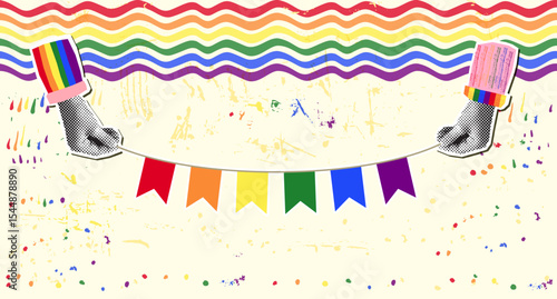 Vector LGBT flag colors bunting collage, Pride day banner or flyer with textured background