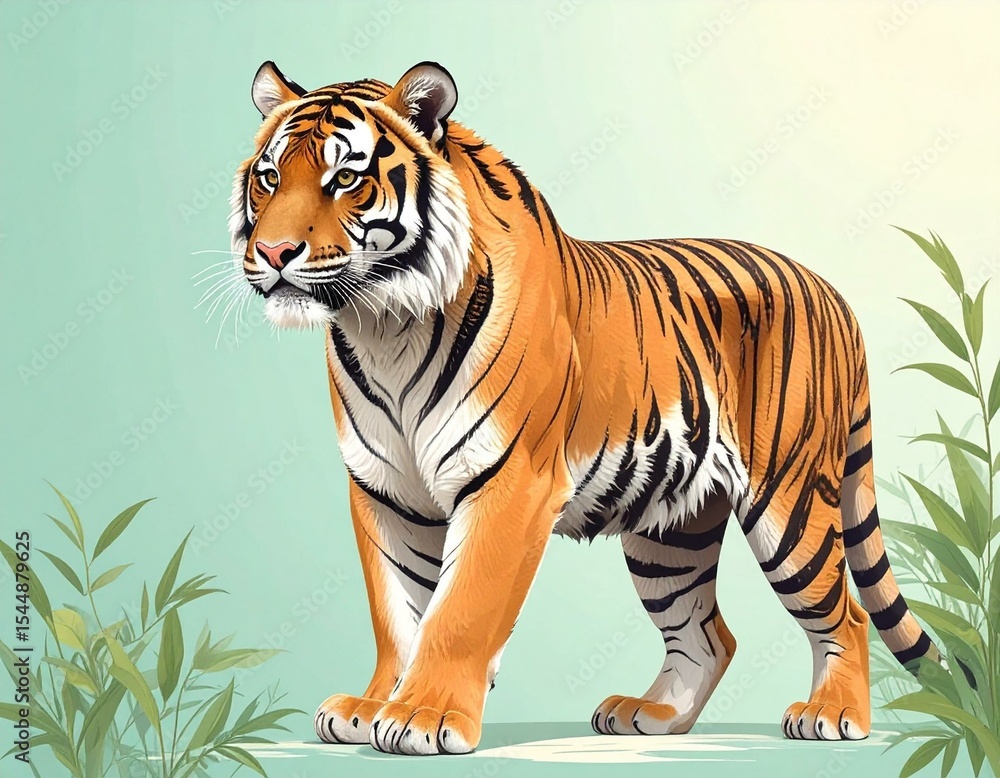 Obraz premium Majestic Bengal tiger standing amidst lush green foliage Striped coat detailed