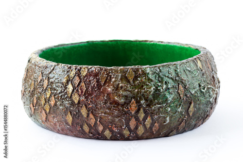 Flower pot for bonsai in mixed media style. On a white background.