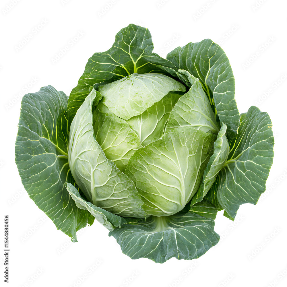 Obraz premium Fresh green head of organic cabbage isolated on a white background, perfect for a healthy salad
