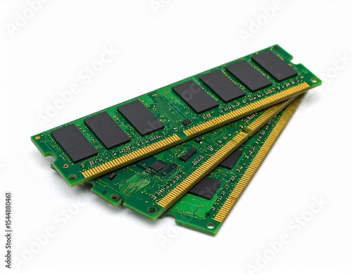 Three green computer RAM modules close up view on white background memory